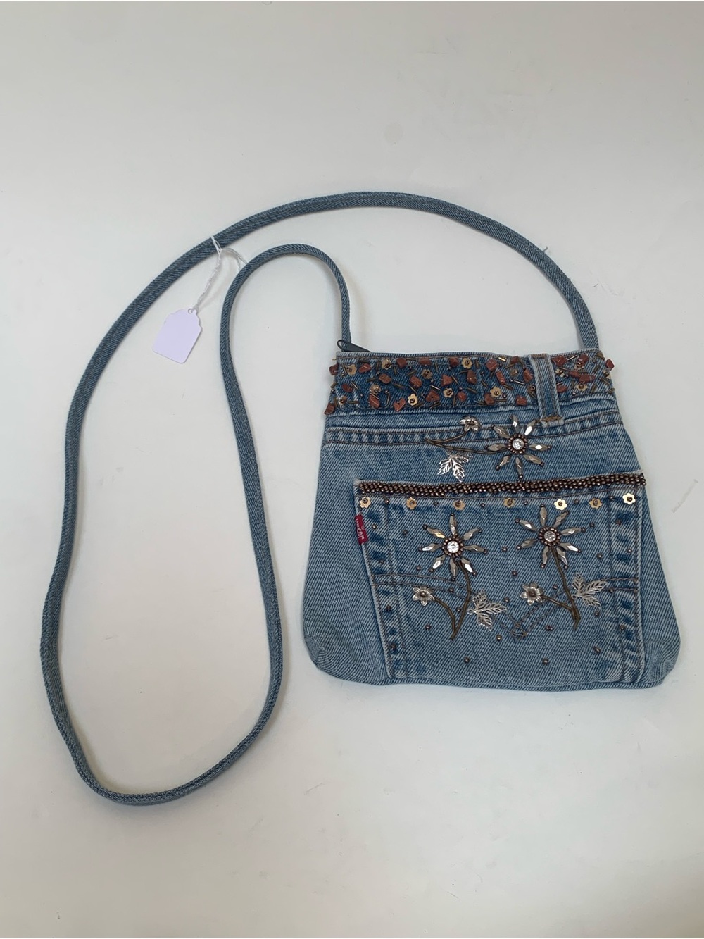 Handcrafted Levi’s Beaded Embellished Denim Light Blue Crossbody Bag Purse Tab - Picture 2 of 8